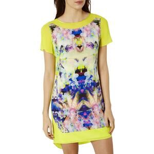 Karen Millen Silk Digital Print T-Shirt Dress Acid Green UK 10 / US 6